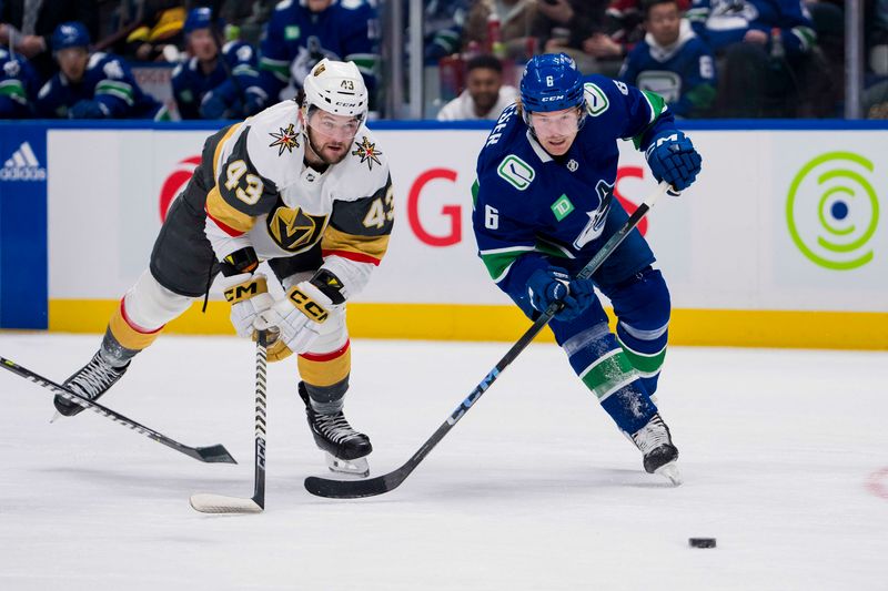 Nov 30, 2023; Vancouver, British Columbia, CAN; Vegas Golden Knights forward Paul Cotter (43) and Vancouver Canucks forward Brock Boeser (6) vie for the loose puck in the second period at Rogers Arena. Mandatory Credit: Bob Frid-USA TODAY Sports