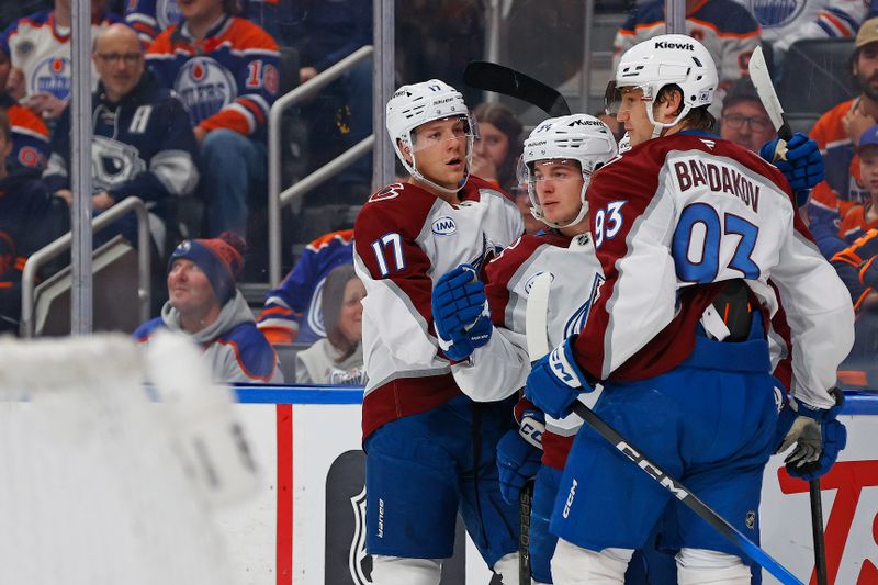 Nov 8, 2025; Edmonton, Alberta, CAN; The Colorado Avalanche celebrate a goal scored by forward Gavin Brindley (54) during the second period against the Edmonton Oilers at Rogers Place. Mandatory Credit: Perry Nelson-Imagn Images
