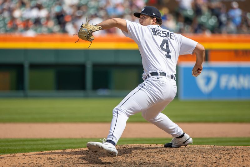 Aug 5, 2023; Detroit, Michigan, USA; Detroit Tigers relief pitcher Beau Brieske (4) throws in the ninth inning against the Tampa Bay Rays at Comerica Park. Mandatory Credit: David Reginek-USA TODAY Sports