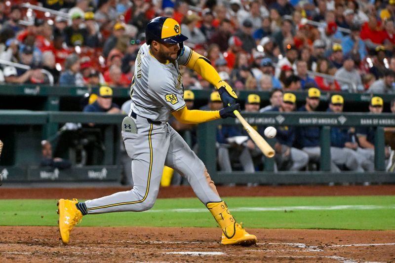 Aug 21, 2024; St. Louis, Missouri, USA;  Milwaukee Brewers left fielder Jackson Chourio (11) hits a two run single against the St. Louis Cardinals during the seventh inning at Busch Stadium. Mandatory Credit: Jeff Curry-USA TODAY Sports