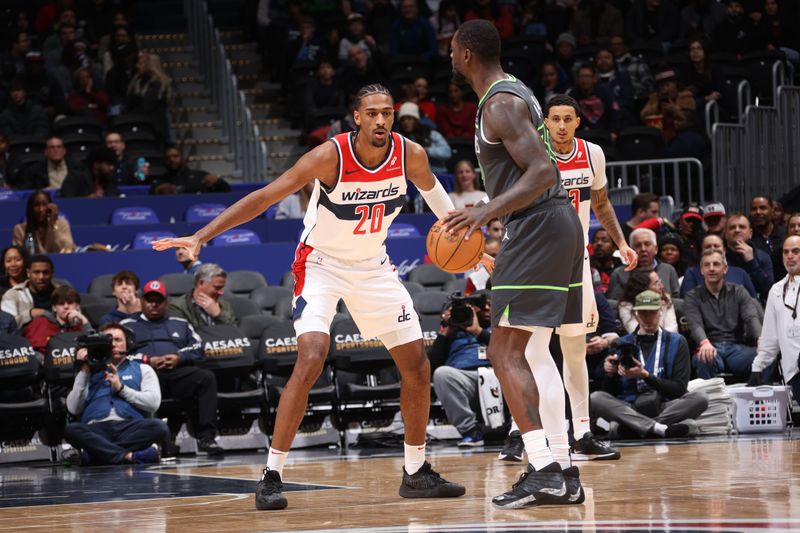 WASHINGTON, DC -?JANUARY 13:  Alexandre Sarr #20 of the Washington Wizards plays defense during the game against the Minnesota Timberwolves  on January 13, 2025 at Capital One Arena in Washington, DC. NOTE TO USER: User expressly acknowledges and agrees that, by downloading and or using this Photograph, user is consenting to the terms and conditions of the Getty Images License Agreement. Mandatory Copyright Notice: Copyright 2024 NBAE (Photo by Kenny Giarla/NBAE via Getty Images)