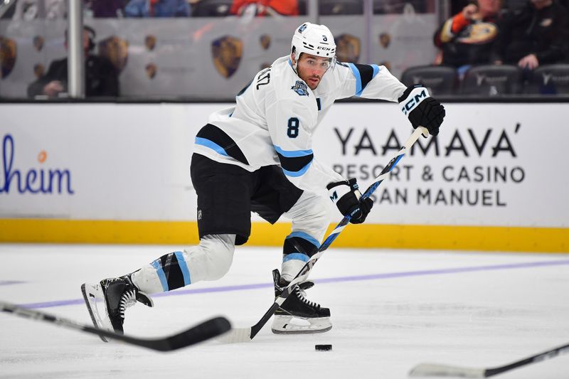 Oct 16, 2024; Anaheim, California, USA; Utah Hockey Club center Nick Schmaltz (8) receives the puck against the Anaheim Ducks during the third period at Honda Center. Mandatory Credit: Gary A. Vasquez-Imagn Images