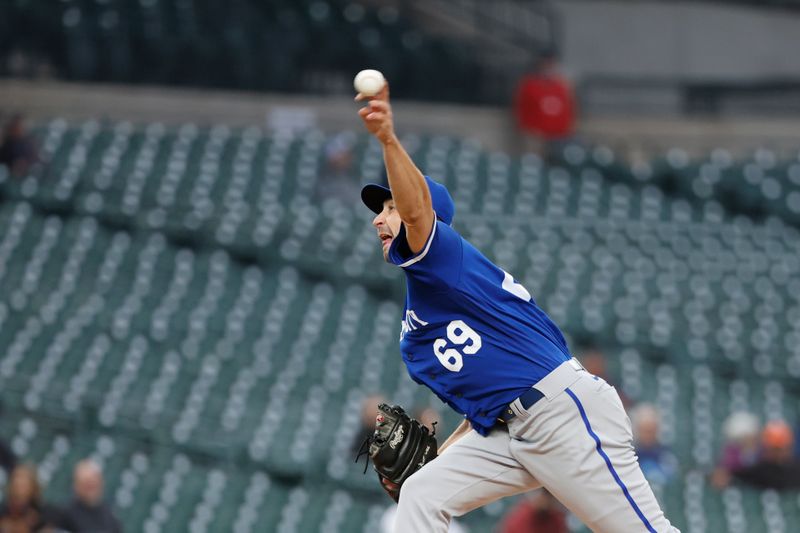 Sep 28, 2023; Detroit, Michigan, USA;  Kansas City Royals starting pitcher Anthony Veneziano (69) pitches in the eighth inning against the Detroit Tigers at Comerica Park. Mandatory Credit: Rick Osentoski-USA TODAY Sports