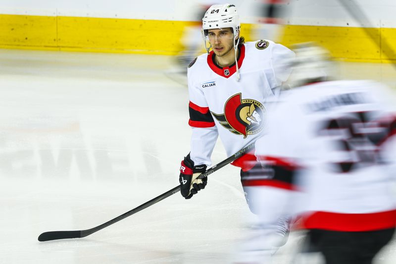 Mar 5, 2026; Calgary, Alberta, CAN; Ottawa Senators center Dylan Cozens (24) during the warmup period against the Calgary Flames at Scotiabank Saddledome. Mandatory Credit: Sergei Belski-Imagn Images