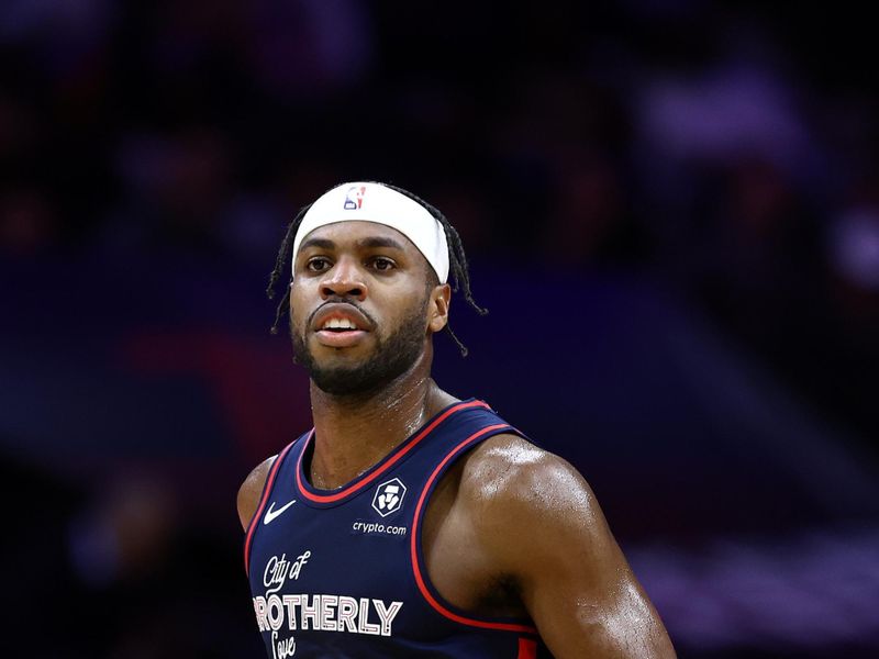 PHILADELPHIA, PENNSYLVANIA - FEBRUARY 22: Buddy Hield #17 of the Philadelphia 76ers dribbles during the first quarter against the New York Knicksat the Wells Fargo Center on February 22, 2024 in Philadelphia, Pennsylvania. (Photo by Tim Nwachukwu/Getty Images)