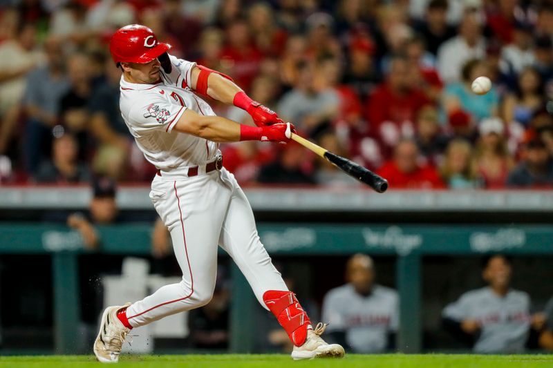 Aug 15, 2023; Cincinnati, Ohio, USA; Cincinnati Reds left fielder Spencer Steer (7) hits a single against the Cleveland Guardians in the ninth inning at Great American Ball Park. Mandatory Credit: Katie Stratman-USA TODAY Sports