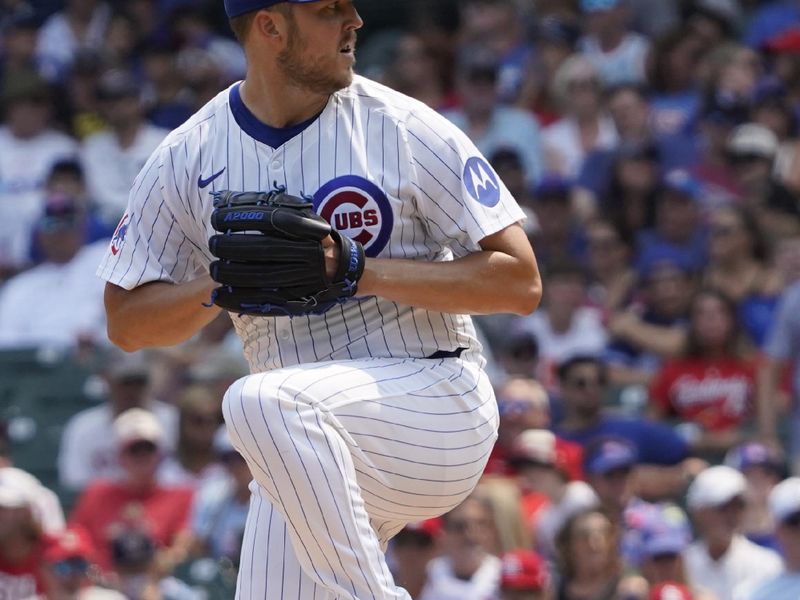 Aug 3, 2024; Chicago, Illinois, USA; Chicago Cubs pitcher Jameson Taillon (50) throws the ball against the St. Louis Cardinals during the first inning at Wrigley Field. Mandatory Credit: David Banks-USA TODAY Sports