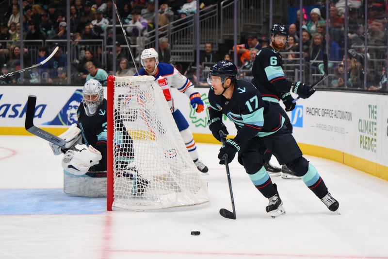 Mar 2, 2024; Seattle, Washington, USA; Seattle Kraken center Jaden Schwartz (17) plays the puck during the third period against the Edmonton Oilers at Climate Pledge Arena. Mandatory Credit: Steven Bisig-USA TODAY Sports