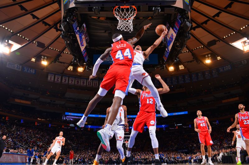 NEW YORK, NY - APRIL 20: Josh Hart #3 of the New York Knicks drives to the basket during the game against the Philadelphia 76ers during Round 1 Game 1 of the 2024 NBA Playoffs on April 20, 2024 at Madison Square Garden in New York City, New York.  NOTE TO USER: User expressly acknowledges and agrees that, by downloading and or using this photograph, User is consenting to the terms and conditions of the Getty Images License Agreement. Mandatory Copyright Notice: Copyright 2024 NBAE  (Photo Jesse D. Garrabrant/NBAE via Getty Images)