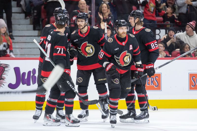 Jan 13, 2024; Ottawa, Ontario, CAN; Ottawa Senators right wing Claude Giroux (28) skates to the bench after scoring a goal against the San Jose Sharks in the first period at the Canadian Tire Centre. Mandatory Credit: Marc DesRosiers-USA TODAY Sports