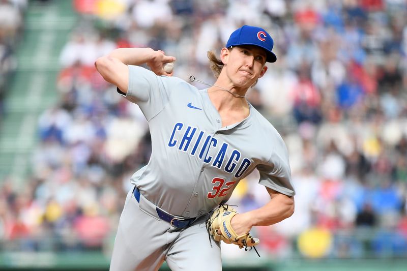 Apr 27, 2024; Boston, Massachusetts, USA;  Chicago Cubs starting pitcher Ben Brown (32) pitches during the first inning against the Boston Red Sox at Fenway Park. Mandatory Credit: Bob DeChiara-USA TODAY Sports