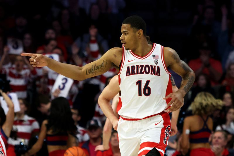 Jan 6, 2024; Tucson, Arizona, USA; Arizona Wildcats forward Keshad Johnson (16) celebrates after a basket against the Utah Utes during the first half at McKale Center. Mandatory Credit: Zachary BonDurant-USA TODAY Sports