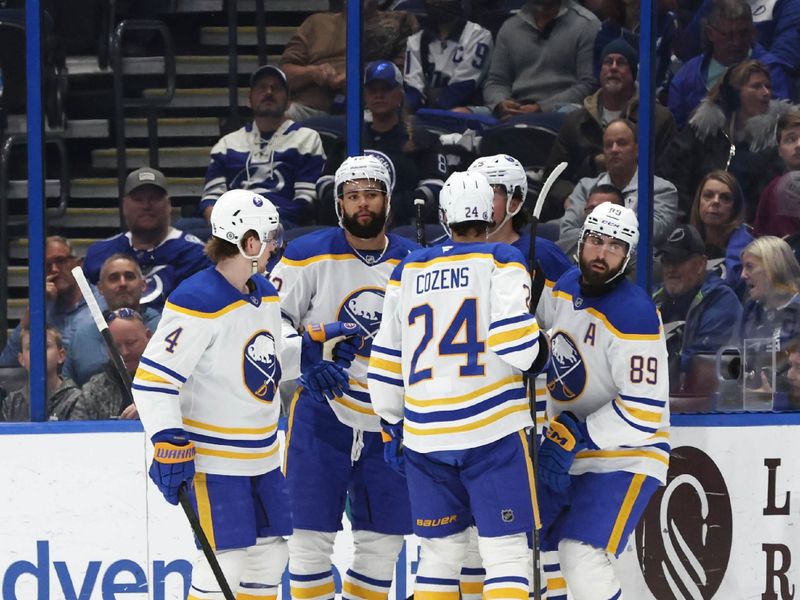 Mar 6, 2025; Tampa, Florida, USA; Buffalo Sabres right wing Alex Tuch (89) is congratulated after scoring against the Tampa Bay Lightning  during the first period at Amalie Arena. Mandatory Credit: Kim Klement Neitzel-Imagn Images