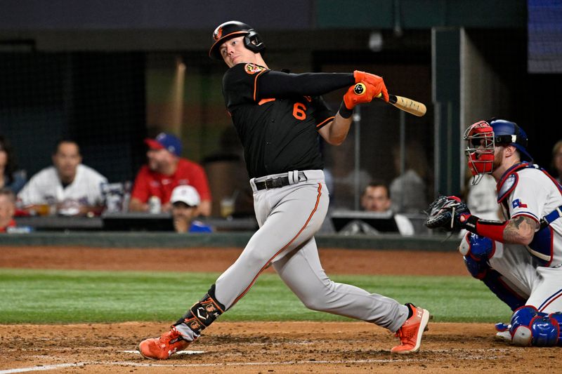 Oct 10, 2023; Arlington, Texas, USA; Baltimore Orioles first baseman Ryan Mountcastle (6) strikes out in the fourth inning against the Texas Rangers during game three of the ALDS for the 2023 MLB playoffs at Globe Life Field. Mandatory Credit: Jerome Miron-USA TODAY Sports