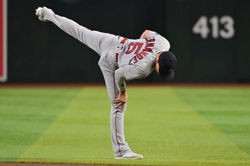 May 27, 2023; Phoenix, Arizona, USA;  Boston Red Sox shortstop Enrique Hernandez (5) warms up prior to a game against the Arizona Diamondbacks at Chase Field. Mandatory Credit: Matt Kartozian-USA TODAY Sports