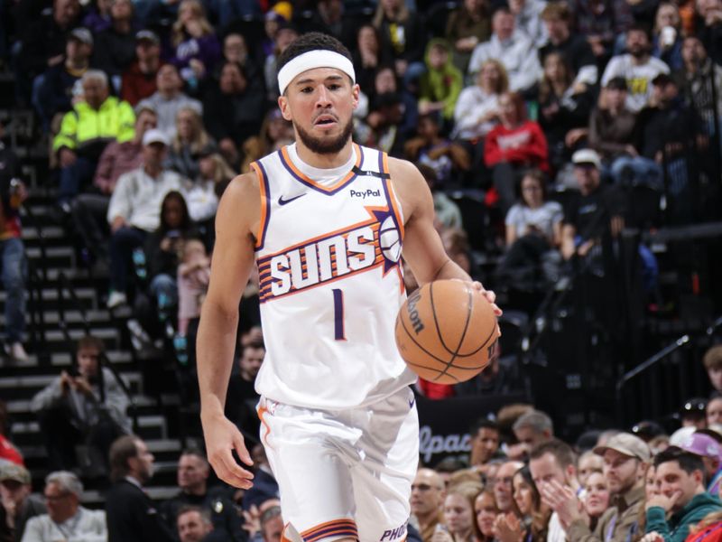 SALT LAKE CITY, UT - DECEMBER 13:  Devin Booker #1 of the Phoenix Suns dribbles the ball during the game against the Utah Jazz during a regular season game on December 13, 2024 at Delta Center in Salt Lake City, Utah. NOTE TO USER: User expressly acknowledges and agrees that, by downloading and or using this Photograph, User is consenting to the terms and conditions of the Getty Images License Agreement. Mandatory Copyright Notice: Copyright 2024 NBAE (Photo by Melissa Majchrzak/NBAE via Getty Images)