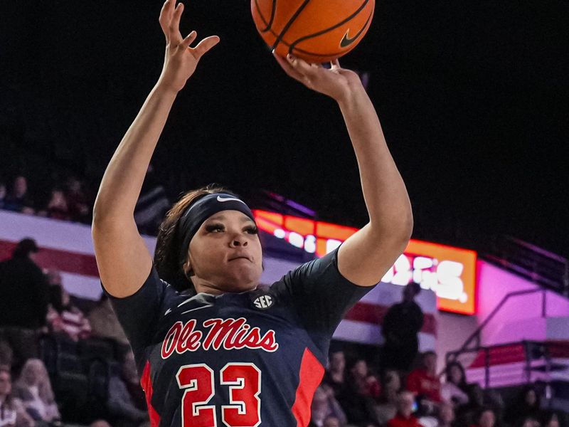 Jan 21, 2024; Athens, Georgia, USA; Ole Miss Rebels guard Elauna Eaton (23) shoots against the Georgia Bulldogs at Stegeman Coliseum. Mandatory Credit: Dale Zanine-USA TODAY Sports