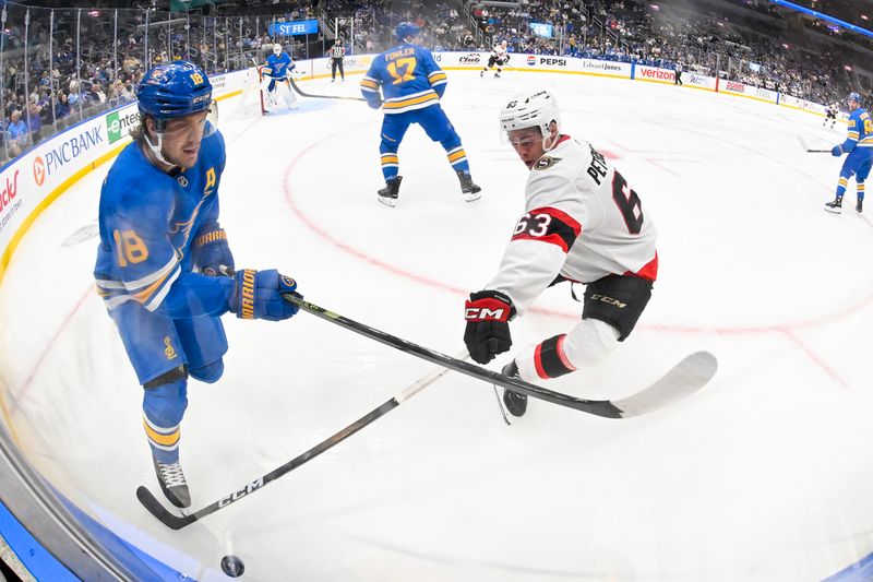 Oct 2, 2025; St. Louis, Missouri, USA;  St. Louis Blues center Robert Thomas (18) and Ottawa Senators right wing Oskar Pettersson (63)  battle for the puck during the third period at Enterprise Center. Mandatory Credit: Jeff Curry-Imagn Images
