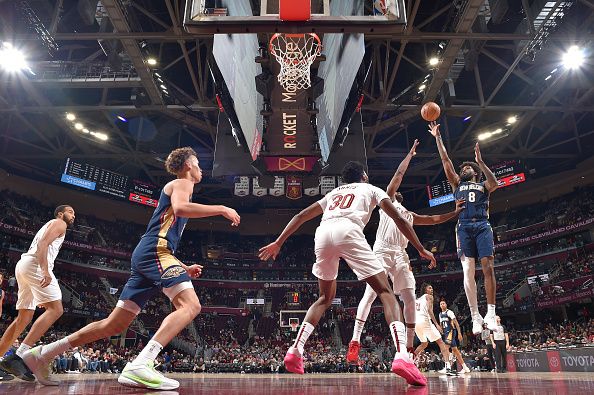 CLEVELAND, OH - December 21: Naji Marshall #8 of the New Orleans Pelicans shoots the ball during the game against the Cleveland Cavaliers on December 21, 2023 at Rocket Mortgage FieldHouse in Cleveland, Ohio. NOTE TO USER: User expressly acknowledges and agrees that, by downloading and/or using this Photograph, user is consenting to the terms and conditions of the Getty Images License Agreement. Mandatory Copyright Notice: Copyright 2023 NBAE (Photo by David Liam Kyle/NBAE via Getty Images)