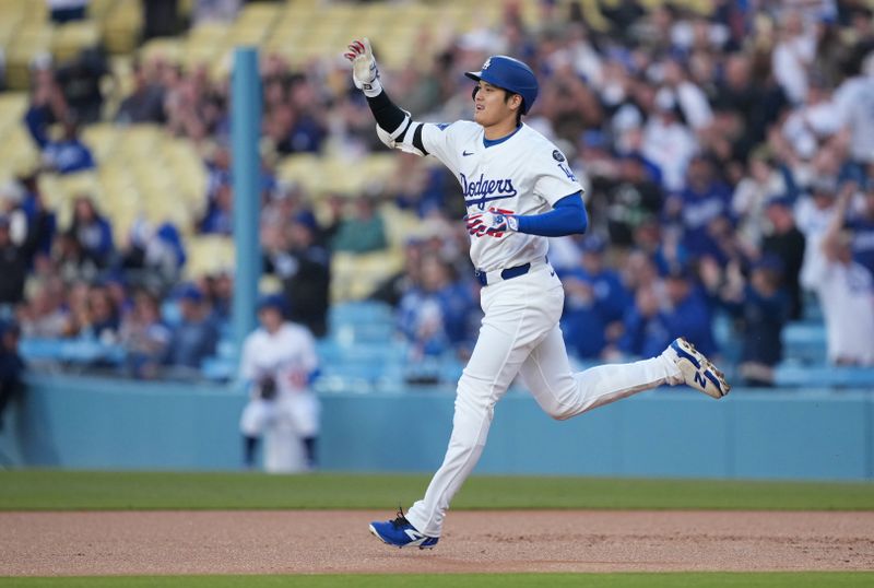 Apr 29, 2025; Los Angeles, California, USA; Los Angeles Dodgers designated hitter Shohei Ohtani (17) celebrates after hitting a home run during the first inning against the Miami Marlins at Dodger Stadium. Mandatory Credit: Kirby Lee-Imagn Images