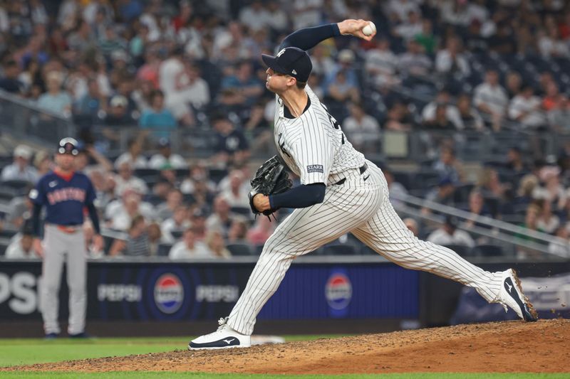 Jul 5, 2024; Bronx, New York, USA; New York Yankees relief pitcher Clay Holmes (35) delivers a pitch during the ninth inning against the Boston Red Sox at Yankee Stadium. Mandatory Credit: Vincent Carchietta-USA TODAY Sports