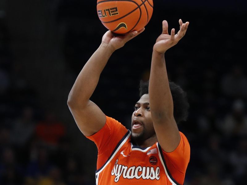 Jan 16, 2024; Pittsburgh, Pennsylvania, USA; Syracuse Orange guard Judah Mintz (3) shoots the ball against the Pittsburgh Panthers during the first half at the Petersen Events Center. Mandatory Credit: Charles LeClaire-USA TODAY Sports