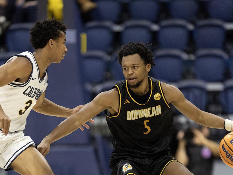 Dec 9, 2025; Berkeley, California, USA; Dominican Penguins guard Darius Best (5) brings the ball up court against California Golden Bears guard Semetri (TT) Carr (3) during the second half at Haas Pavilion. Mandatory Credit: D. Ross Cameron-Imagn Images
