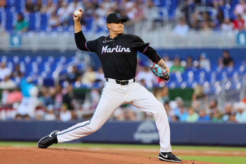 Apr 26, 2024; Miami, Florida, USA; Miami Marlins starting pitcher Anthony Maldonado (52) delivers a pitch against the Washington Nationals during the first inning at loanDepot Park. Mandatory Credit: Sam Navarro-USA TODAY Sports