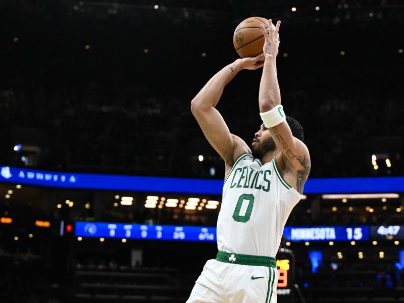 BOSTON, MASSACHUSETTS - NOVEMBER 24: Jayson Tatum #0 of the Boston Celtics attempts a three-point basket against the Minnesota Timberwolves during the first quarter at the TD Garden on November 24, 2024 in Boston, Massachusetts. NOTE TO USER: User expressly acknowledges and agrees that, by downloading and or using this photograph, User is consenting to the terms and conditions of the Getty Images License Agreement. (Photo by Brian Fluharty/Getty Images)