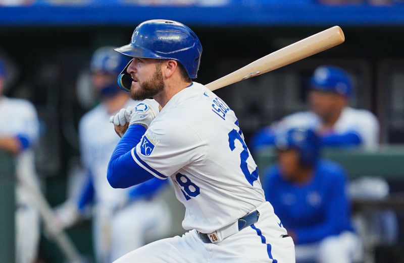 Aug 21, 2024; Kansas City, Missouri, USA; Kansas City Royals center fielder Kyle Isbel (28) hits an RBI double during the second inning against the Los Angeles Angels at Kauffman Stadium. Mandatory Credit: Jay Biggerstaff-USA TODAY Sports