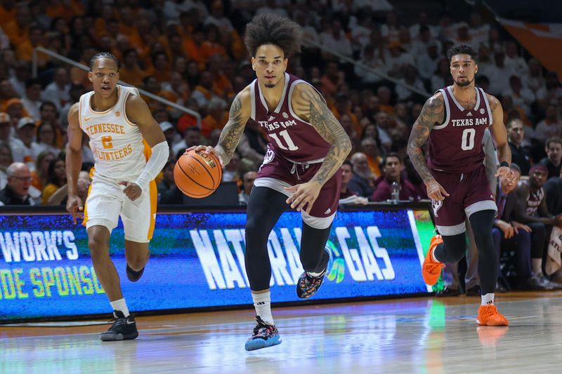 Feb 24, 2024; Knoxville, Tennessee, USA; Texas A&M Aggies forward Andersson Garcia (11) drives to the basket against the Tennessee Volunteers during the first half at Thompson-Boling Arena at Food City Center. Mandatory Credit: Randy Sartin-USA TODAY Sports