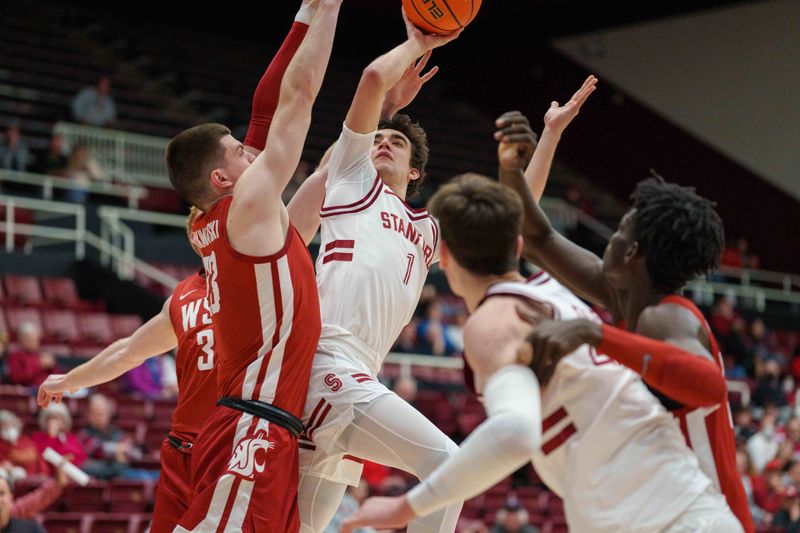 Feb 23, 2023; Stanford, California, USA;  Stanford Cardinal guard Isa Silva (1) shoots the basketball against Washington State Cougars forward Andrej Jakimovski (23) during the first half at Maples Pavilion. Mandatory Credit: Neville E. Guard-USA TODAY Sports