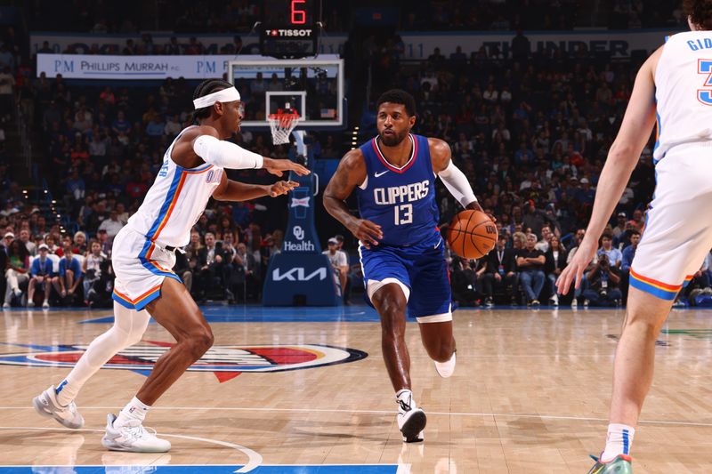 OKLAHOMA CITY, OK - FEBRUARY 22:  Paul George #13 of the LA Clippers handles the ball during the game against the Oklahoma City Thunder on February 22SF, 2024 at Paycom Arena in Oklahoma City, Oklahoma. NOTE TO USER: User expressly acknowledges and agrees that, by downloading and or using this photograph, User is consenting to the terms and conditions of the Getty Images License Agreement. Mandatory Copyright Notice: Copyright 2024 NBAE (Photo by Zach Beeker/NBAE via Getty Images)