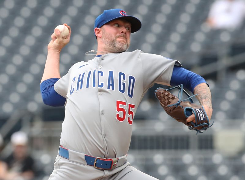 May 1, 2025; Pittsburgh, Pennsylvania, USA;  Chicago Cubs relief pitcher Ryan Pressly (55) pitches against the Pittsburgh Pirates during the ninth inning at PNC Park. Mandatory Credit: Charles LeClaire-Imagn Images