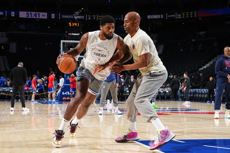 PHILADELPHIA, PA - NOVEMBER 10: Paul George #8 of the Philadelphia 76ers warms up before the game against the Charlotte Hornets on November 10, 2024 at the Wells Fargo Center in Philadelphia, Pennsylvania NOTE TO USER: User expressly acknowledges and agrees that, by downloading and/or using this Photograph, user is consenting to the terms and conditions of the Getty Images License Agreement. Mandatory Copyright Notice: Copyright 2024 NBAE (Photo by Jesse D. Garrabrant/NBAE via Getty Images)