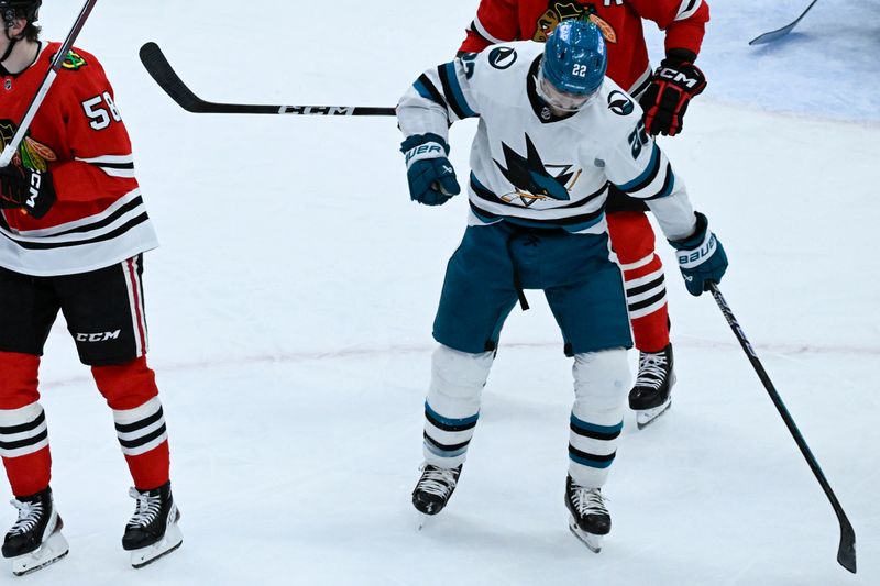 Jan 16, 2024; Chicago, Illinois, USA; San Jose Sharks center Ryan Carpenter (22) reacts after scoring against the Chicago Blackhawks during the third period at United Center. Mandatory Credit: Matt Marton-USA TODAY Sports