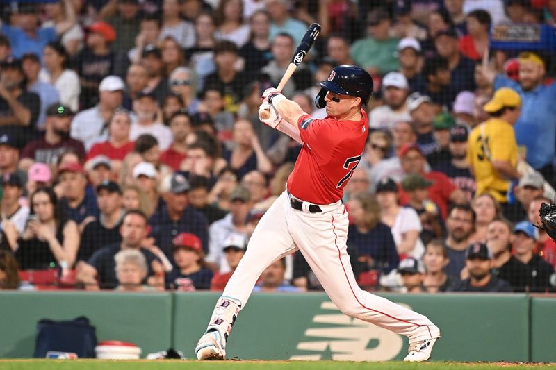 Aug 9, 2024; Boston, Massachusetts, USA; Boston Red Sox second baseman Nick Sogard (75) hits a single against the Houston Astros during the second inning at Fenway Park. Mandatory Credit: Eric Canha-USA TODAY Sports