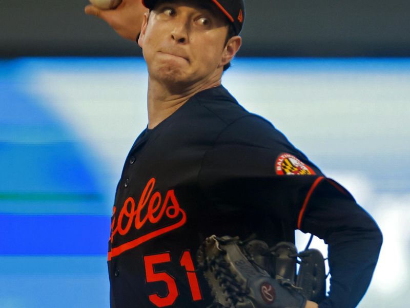 Sep 28, 2024; Minneapolis, Minnesota, USA; Baltimore Orioles starting pitcher Matt Bowman (51) throws to the Minnesota Twins in the first inning at Target Field. Mandatory Credit: Bruce Kluckhohn-Imagn Images