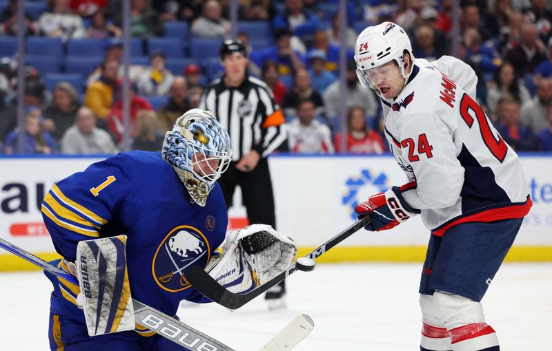 Apr 11, 2024; Buffalo, New York, USA;  Washington Capitals center Connor McMichael (24) deflects a shot on Buffalo Sabres goaltender Ukko-Pekka Luukkonen (1) during the third period at KeyBank Center. Mandatory Credit: Timothy T. Ludwig-USA TODAY Sports