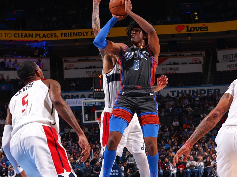 OKLAHOMA CITY, OK - JANUARY 6:  Jalen Williams #8 of the Oklahoma City Thunder shoots the ball during the game against the  Washington Wizards on January 6, 2023 at Paycom Arena in Oklahoma City, Oklahoma. NOTE TO USER: User expressly acknowledges and agrees that, by downloading and or using this photograph, User is consenting to the terms and conditions of the Getty Images License Agreement. Mandatory Copyright Notice: Copyright 2023 NBAE (Photo by Zach Beeker/NBAE via Getty Images)