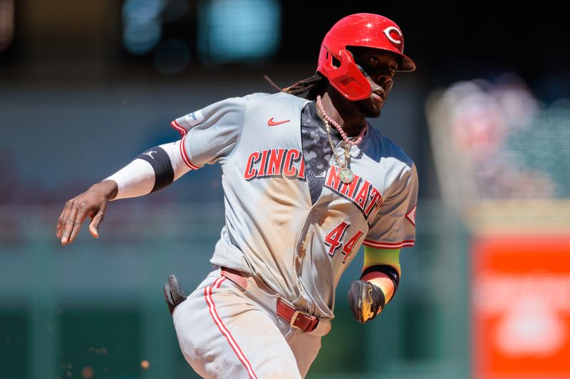 Jun 5, 2024; Denver, Colorado, USA; Cincinnati Reds shortstop Elly De La Cruz (44) runs to third during the fifth inning against the Colorado Rockies at Coors Field. Mandatory Credit: Andrew Wevers-USA TODAY Sports