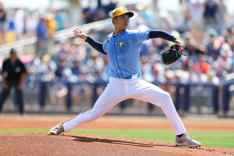 Mar 15, 2024; Port Charlotte, Florida, USA;  Tampa Bay Rays pitcher Naoyuki Uwasawa (36) throws a pitch against the Baltimore Orioles in the first inning at Charlotte Sports Park. Mandatory Credit: Nathan Ray Seebeck-USA TODAY Sports