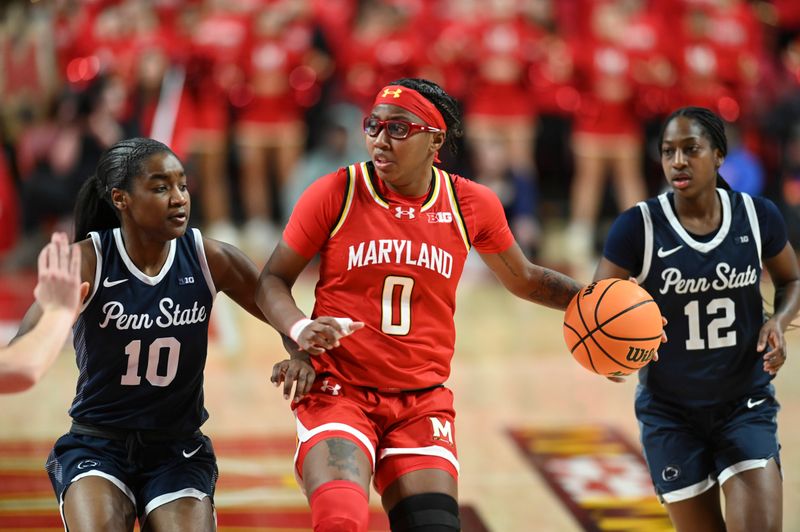 Feb 18, 2024; College Park, Maryland, USA;  Maryland Terrapins guard Shyanne Sellers (0) dribbles up the court past Penn State Nittany Lions forward Chanaya Pinto (10) and  guard Jayla Oden (12) during the second  half at Xfinity Center. Mandatory Credit: Tommy Gilligan-USA TODAY Sports