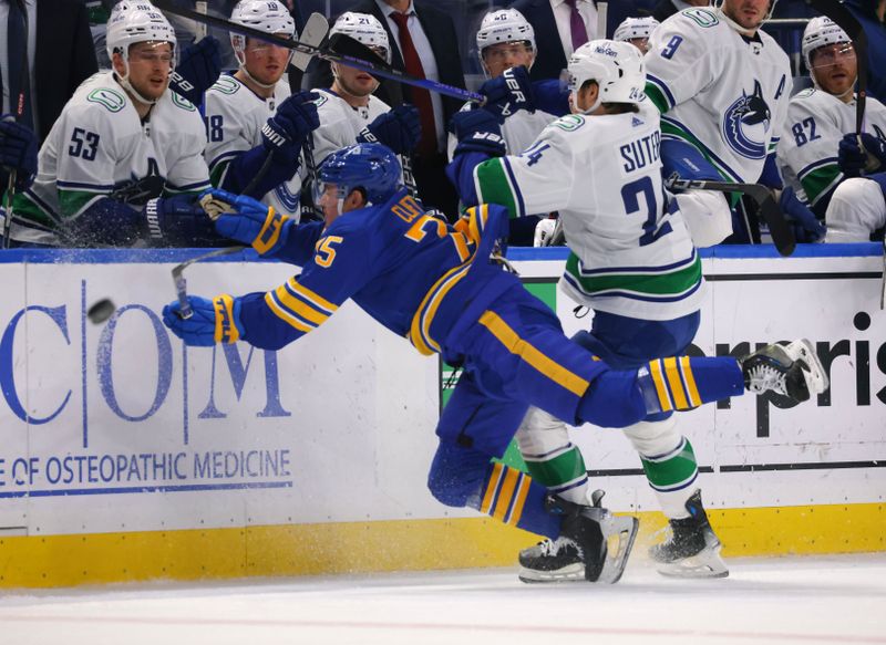 Jan 13, 2024; Buffalo, New York, USA;  Vancouver Canucks center Pius Suter (24) checks Buffalo Sabres defenseman Connor Clifton (75) during the third period at KeyBank Center. Mandatory Credit: Timothy T. Ludwig-USA TODAY Sports