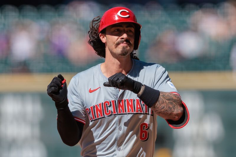 Jun 5, 2024; Denver, Colorado, USA; Cincinnati Reds second base Jonathan India (6) runs the bases after hitting a home run during the ninth inning against the Colorado Rockies at Coors Field. Mandatory Credit: Andrew Wevers-USA TODAY Sports