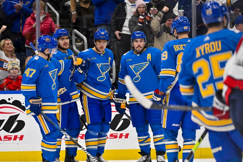 Jan 20, 2024; St. Louis, Missouri, USA;  St. Louis Blues center Brayden Schenn (10) is congratulated by teammates after scoring against the Washington Capitals during the second period at Enterprise Center. Mandatory Credit: Jeff Curry-USA TODAY Sports