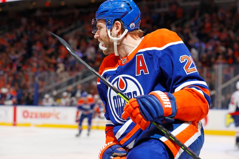 Jan 21, 2025; Edmonton, Alberta, CAN; Edmonton Oilers forward Leon Draisaitl (29) celebrates after scoring during the first period against the Washington Capitals at Rogers Place. Mandatory Credit: Perry Nelson-Imagn Images