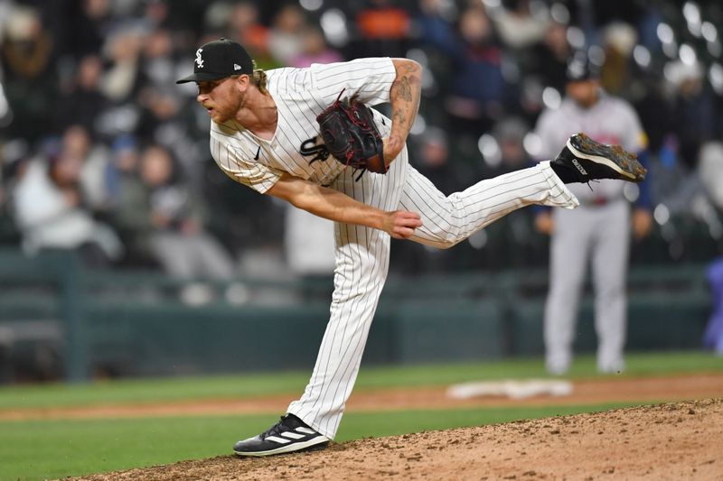 Apr 2, 2024; Chicago, Illinois, USA; Chicago White Sox relief pitcher Michael Kopech (34) pitches during the ninth inning against the Atlanta Braves at Guaranteed Rate Field. Mandatory Credit: Patrick Gorski-USA TODAY Sports