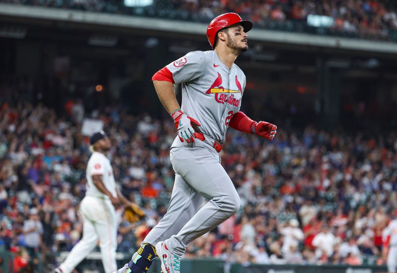 Jun 5, 2024; Houston, Texas, USA; Houston Astros starting pitcher Ronel Blanco (56) looks up and St. Louis Cardinals third baseman Nolan Arenado (28) rounds the bases after hitting a home run during the sixth inning at Minute Maid Park. Mandatory Credit: Troy Taormina-USA TODAY Sports