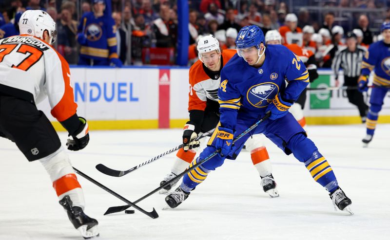 Apr 5, 2024; Buffalo, New York, USA;  Buffalo Sabres center Dylan Cozens (24) controls the puck as Philadelphia Flyers right wing Bobby Brink (10) defends during the second period at KeyBank Center. Mandatory Credit: Timothy T. Ludwig-USA TODAY Sports